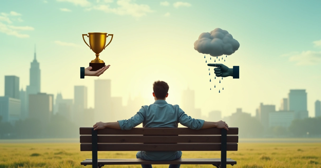 Person showing mixed emotions and surrounded by symbols of pride and guilt 