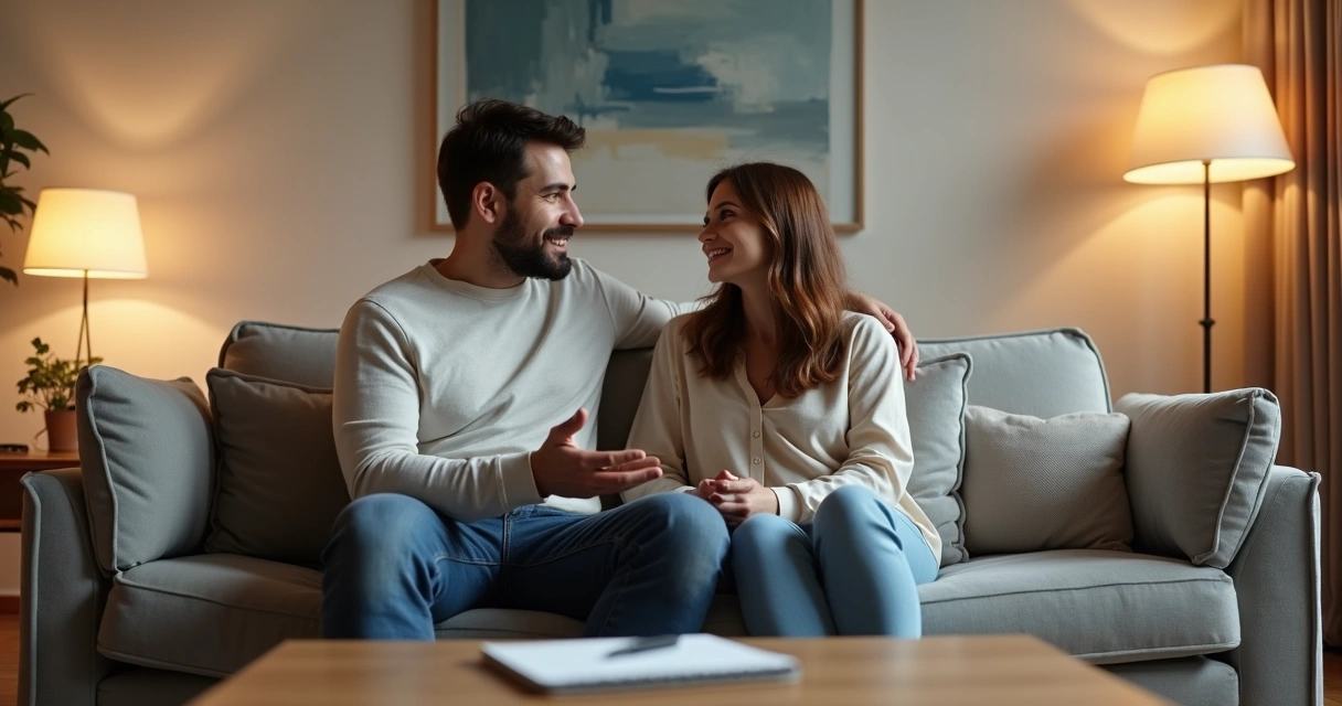 Couple sitting together on a sofa having a calm, honest conversation 