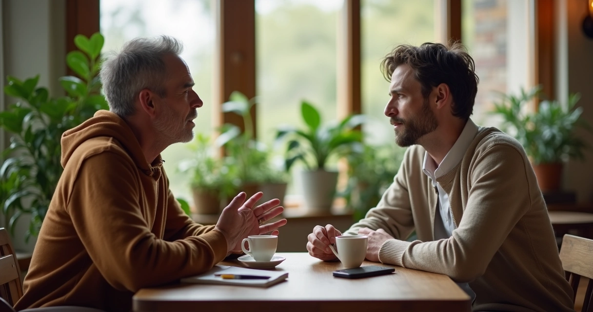 Two people talking calmly at a café table practicing emotional responsibility 
