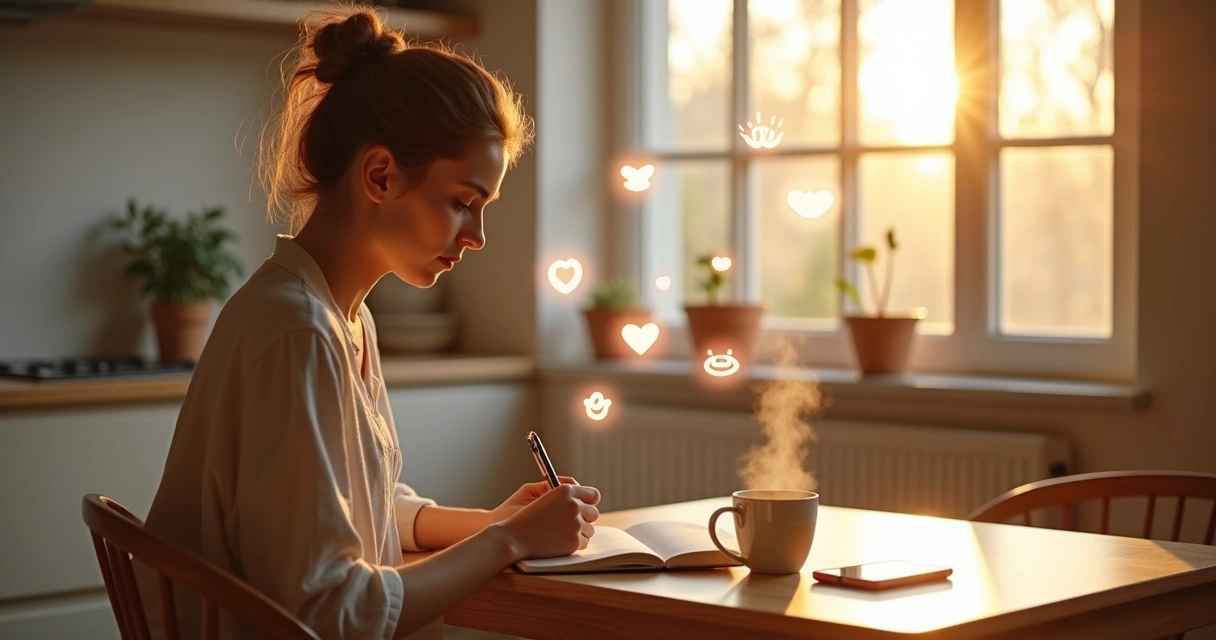 Calm person at a kitchen table journaling with overlapping translucent emotion icons around them 