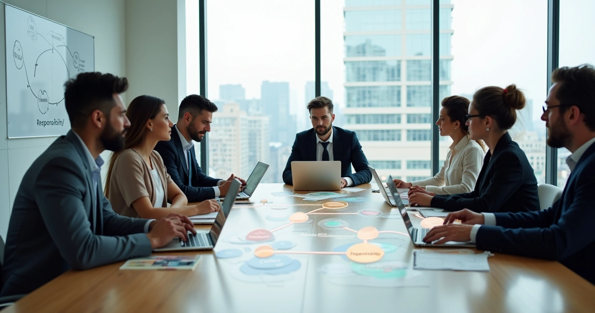 Business team around table with overlapping silhouettes symbolizing shared emotional responsibility 