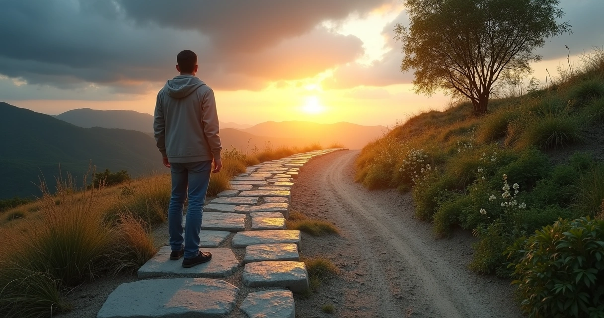 Person standing at crossroads between rigid stone path and flexible green path 