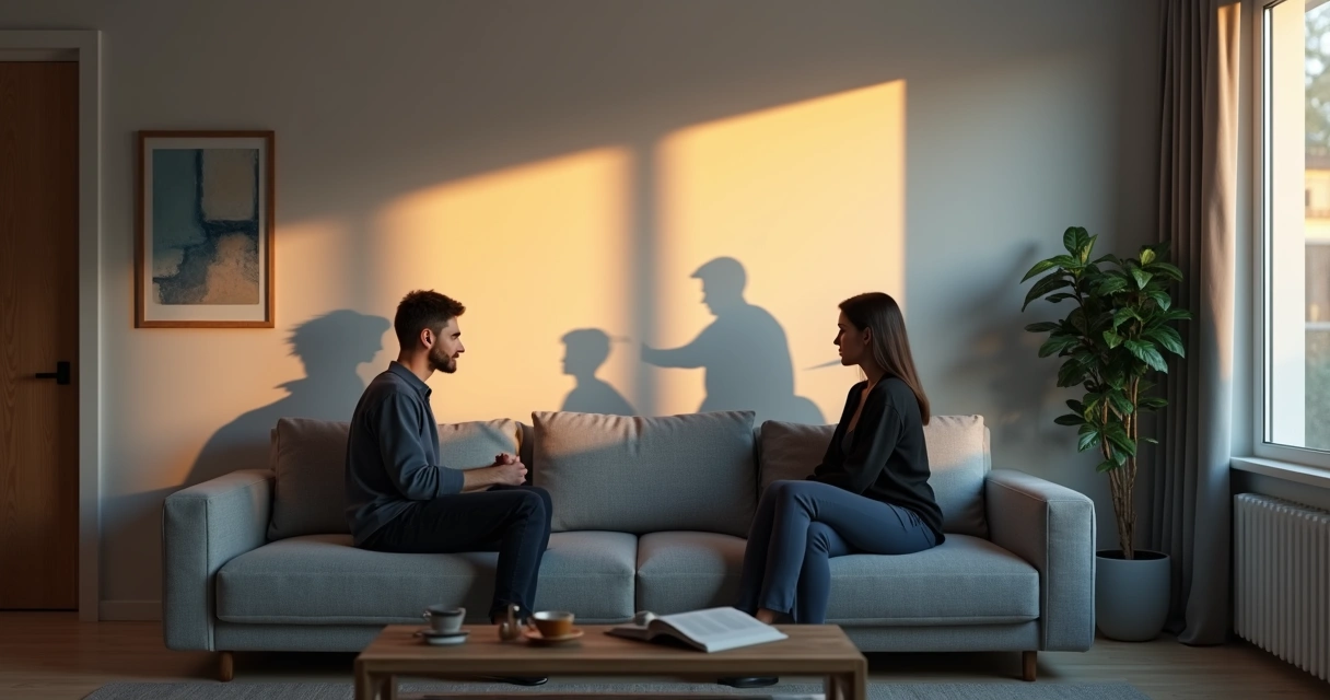 Two silhouettes in a room casting long family-shaped shadows on the wall 