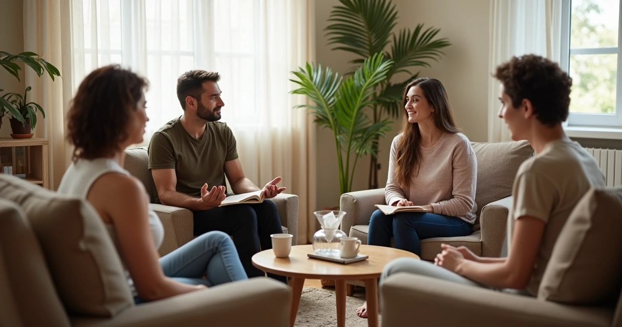 Small diverse group in a cozy room sharing emotions in a safe conversation circle 