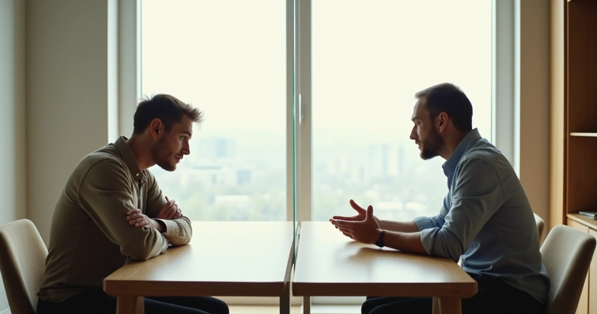 Two people in a calm conversation separated by a subtle glass line symbolizing emotional safety and maturity 