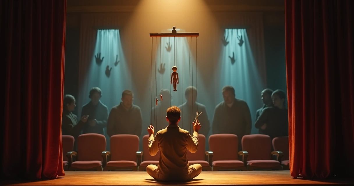 Adult cutting marionette strings in small theater while audience voices blur in background 