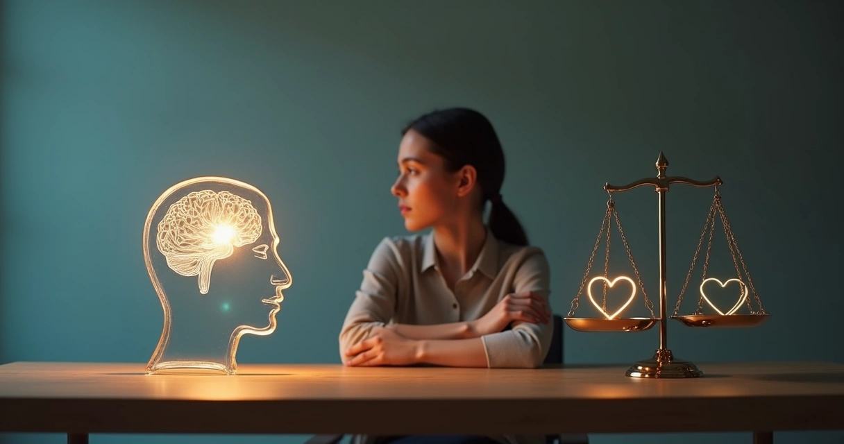 Person weighing emotional and ethical choices on symbolic scales 