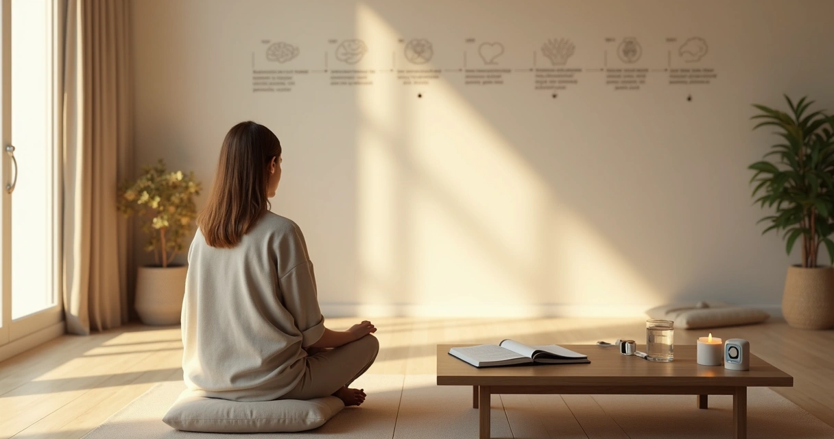 Person journaling and meditating in a calm modern room 