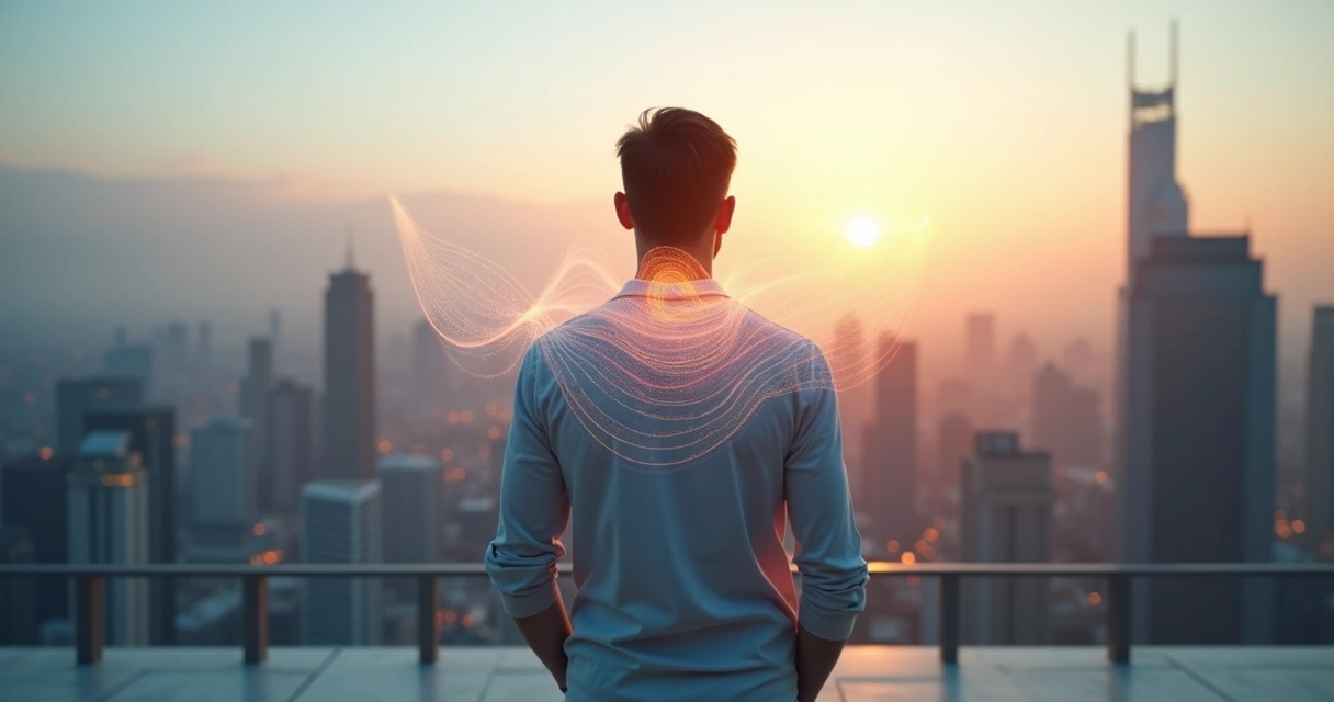 Person overlooking a city skyline with translucent emotional waves around head and chest 