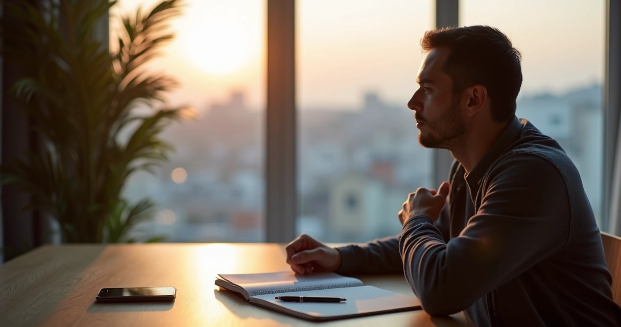 Person in a calm room reflecting on emotions before making a daily decision 