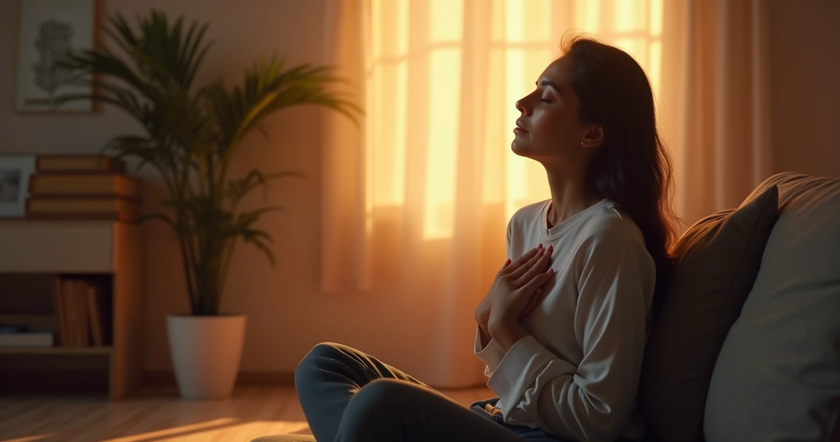 Person sitting with eyes closed, hands over heart, reflecting quietly 