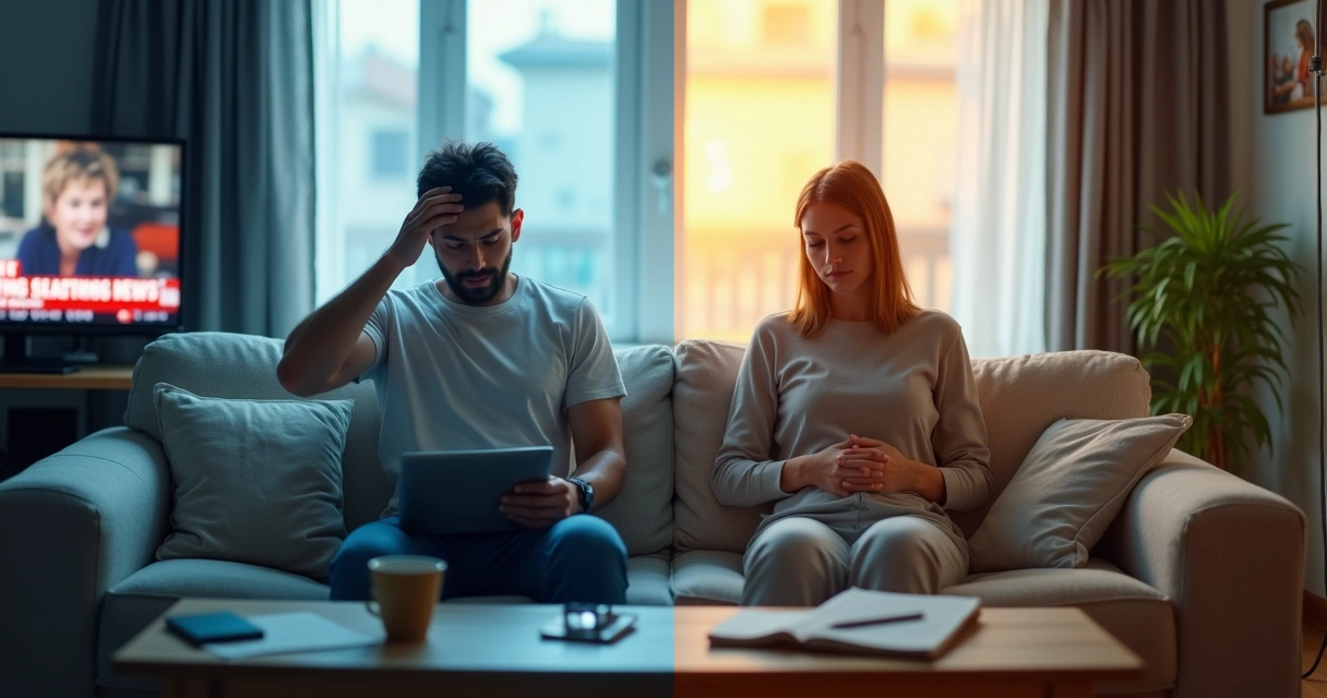 Person sitting between chaos on one side and calm on the other 