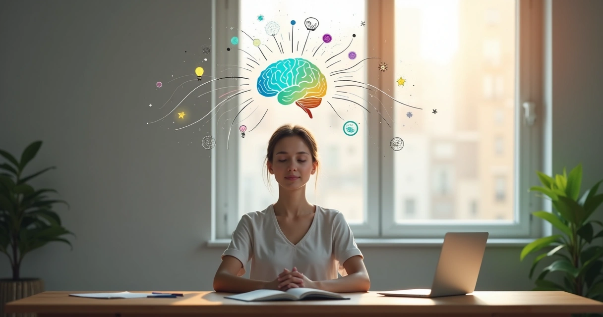 Person calmly meditating while colorful creative ideas flow from the brain 