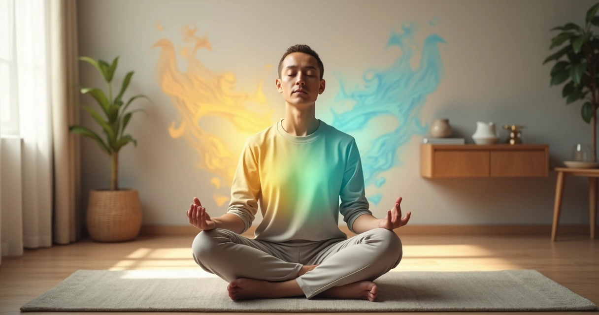 Person meditating indoors with flowing colored waves representing emotional self-regulation 