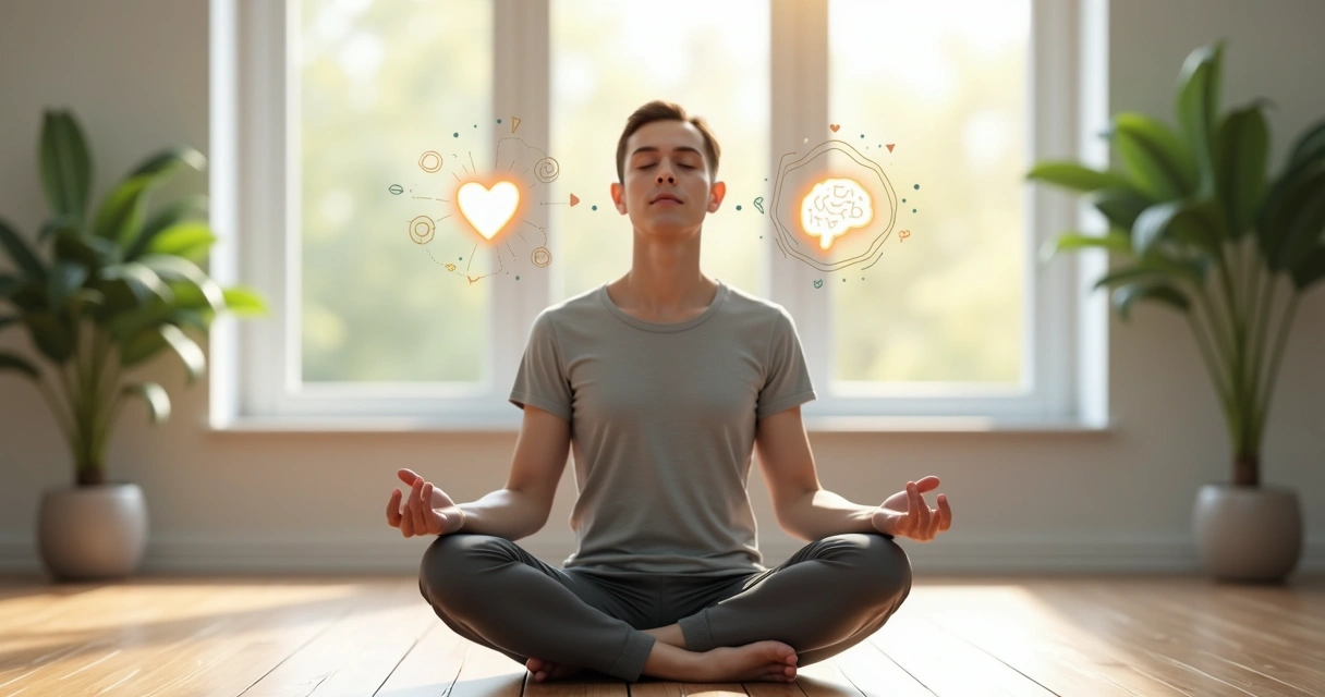 Person sitting calmly with balanced brain and heart icons around the head 
