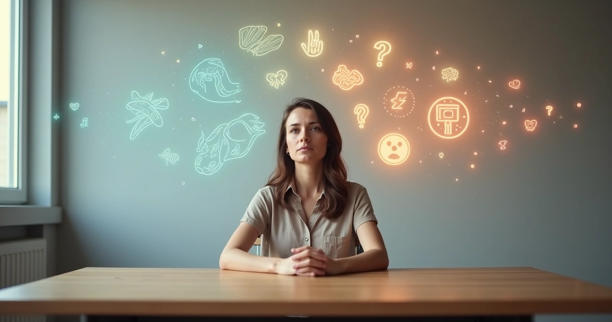 Person calmly observing tangled thought icons around their head 
