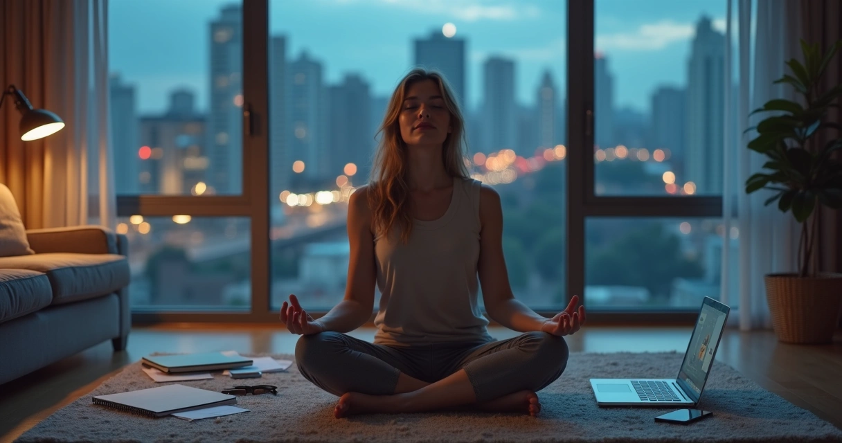 Person practicing calm emotional self-regulation amid stressful environment 