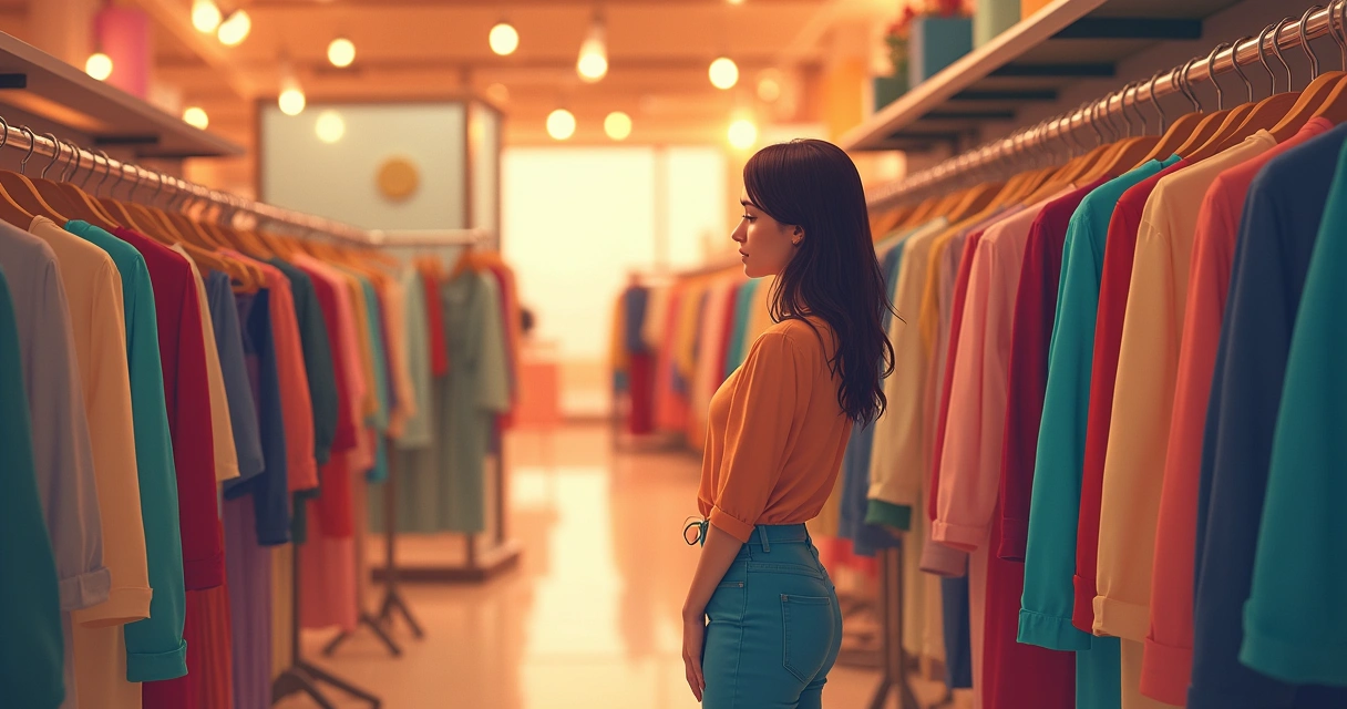 Woman looking at clothes pensively in boutique 