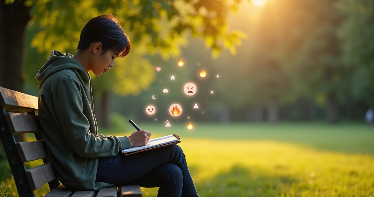 Person reflecting in nature with journal, emotion icons surrounding them 