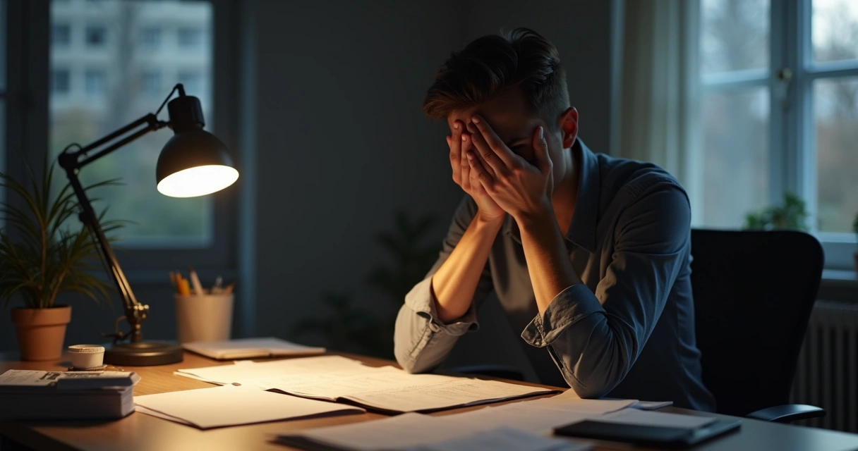 Hands covering face in stress, seated at desk with scattered papers 