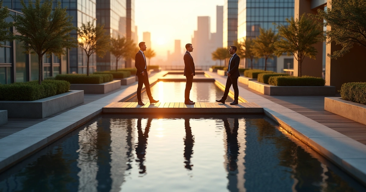 Two business leaders facing each other across three bridges shaped like human silhouettes 