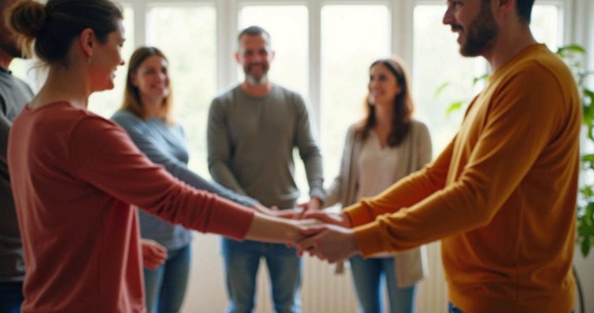 Group of people holding hands in a supportive circle 