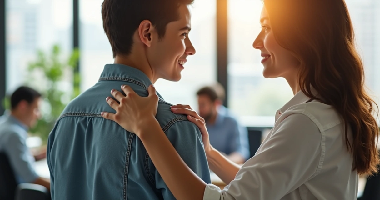 Two colleagues offering support with a reassuring gesture in an office.