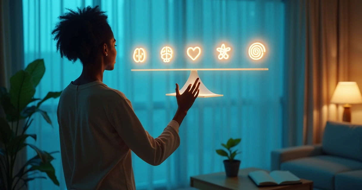 Person measuring emotional balance with glowing icons on a scale 