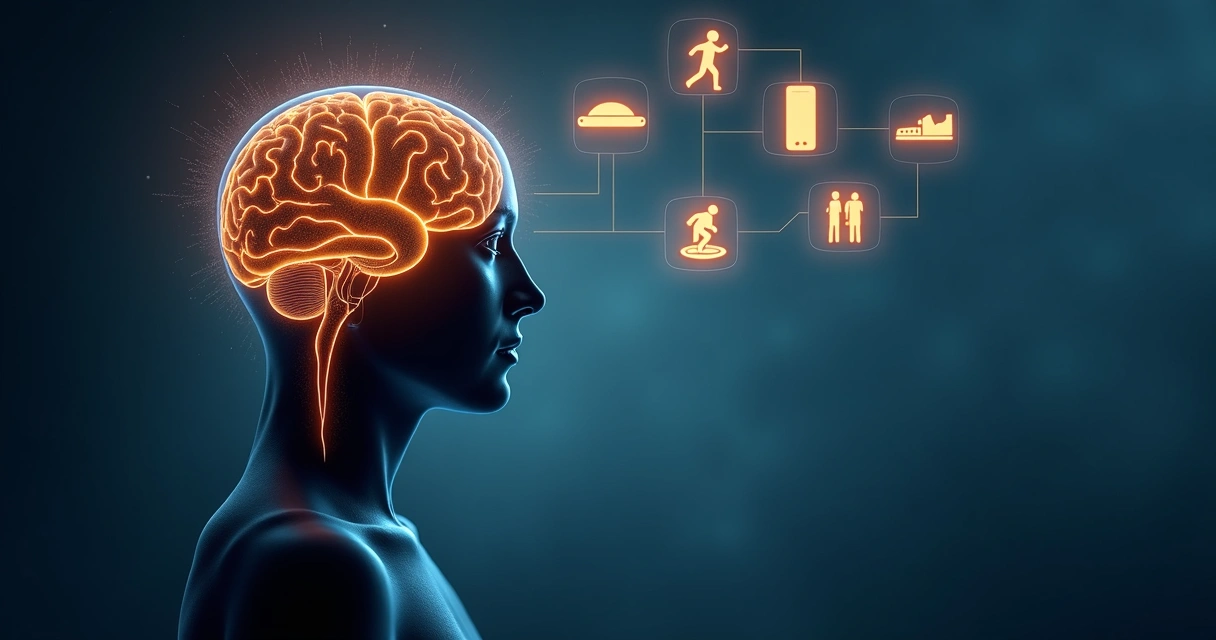 Human silhouette with glowing brain paths choosing between multiple everyday options 