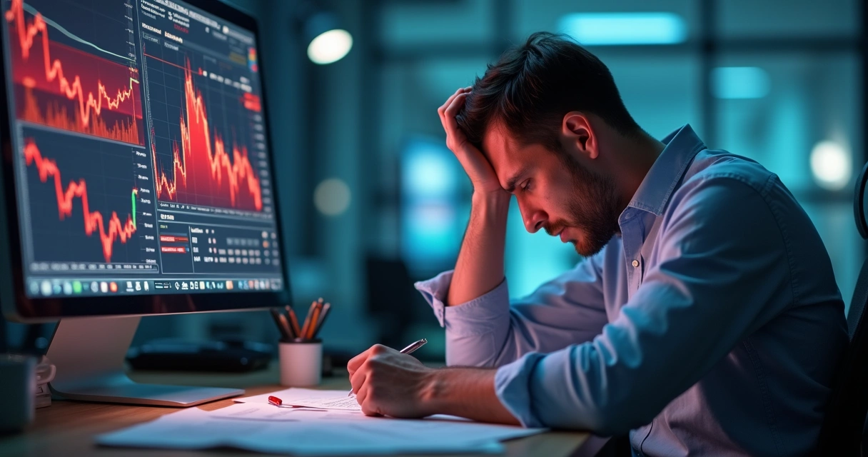 Trader with stressed expression at computer, red numbers on screen 