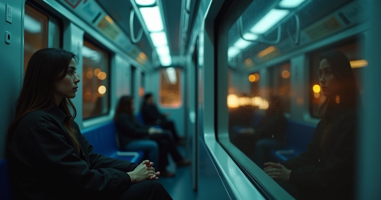 Person studying their own shadow-like reflection on a subway window 