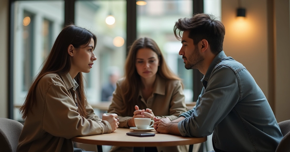 Three people in a tense triangle conversation at a café table 
