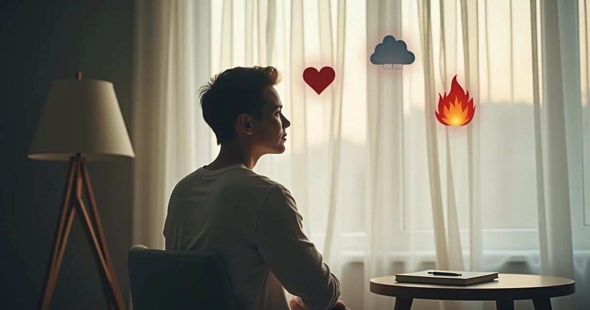 Person reflecting in a calm room with emotion icons around