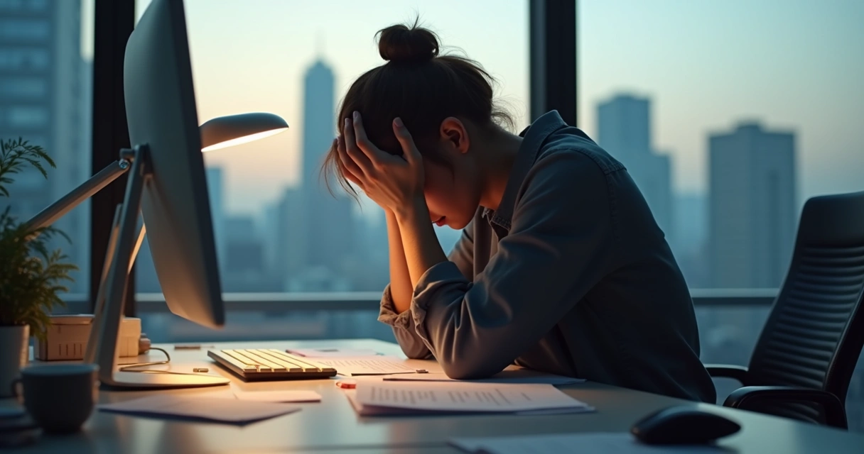 Person at a desk with head in hands, papers scattered, showing frustration