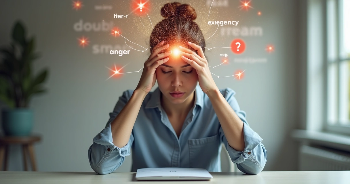 Person surrounded by swirling thoughts and emotional triggers with a clear light at the center of their head 