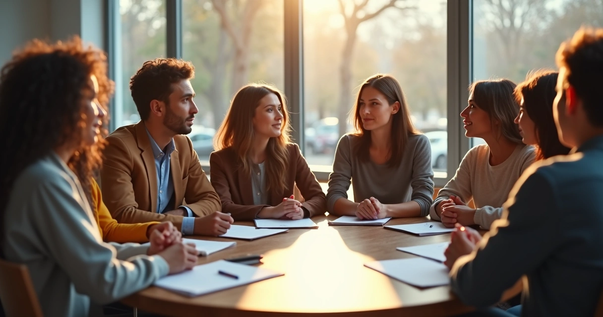 Group in circle having open conversation 