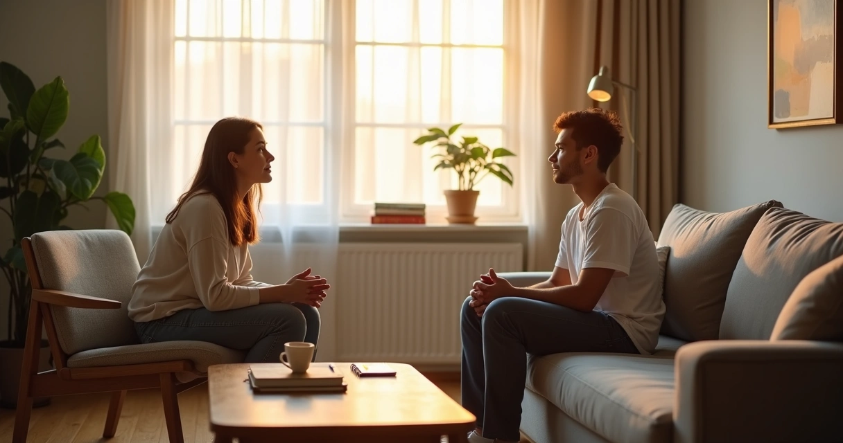 Person being gently listened to and comforted in a calm living room 