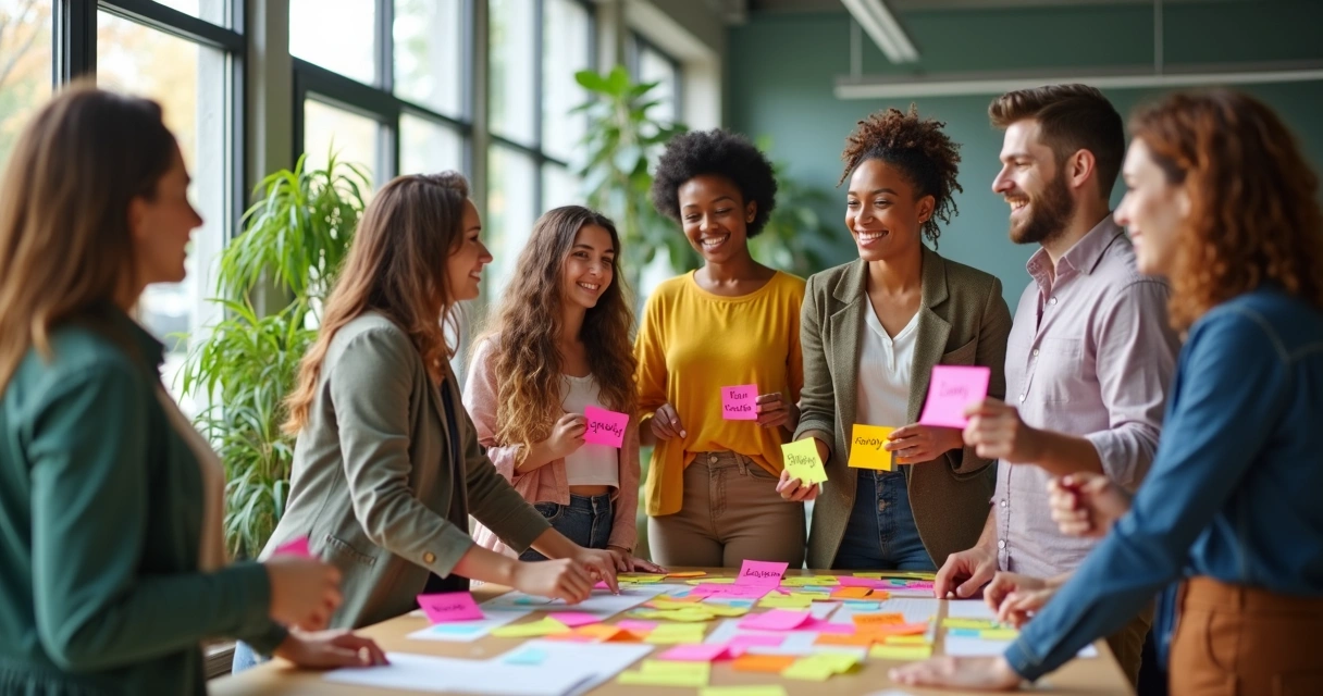 Diverse group naming emotions on sticky notes in office
