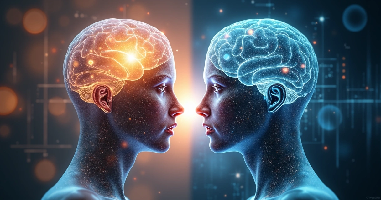 Split human head showing colorful emotions on one side and analytical brain on the other 