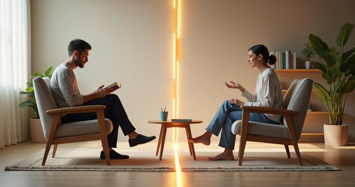 Two people seated in a room separated by transparent emotional line and physical tape line on floor 
