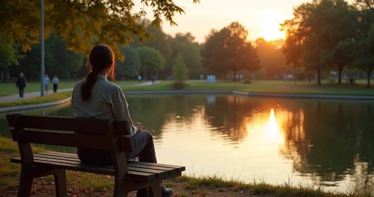 Person sitting on park bench quietly observing shifting sky reflections on a pond 
