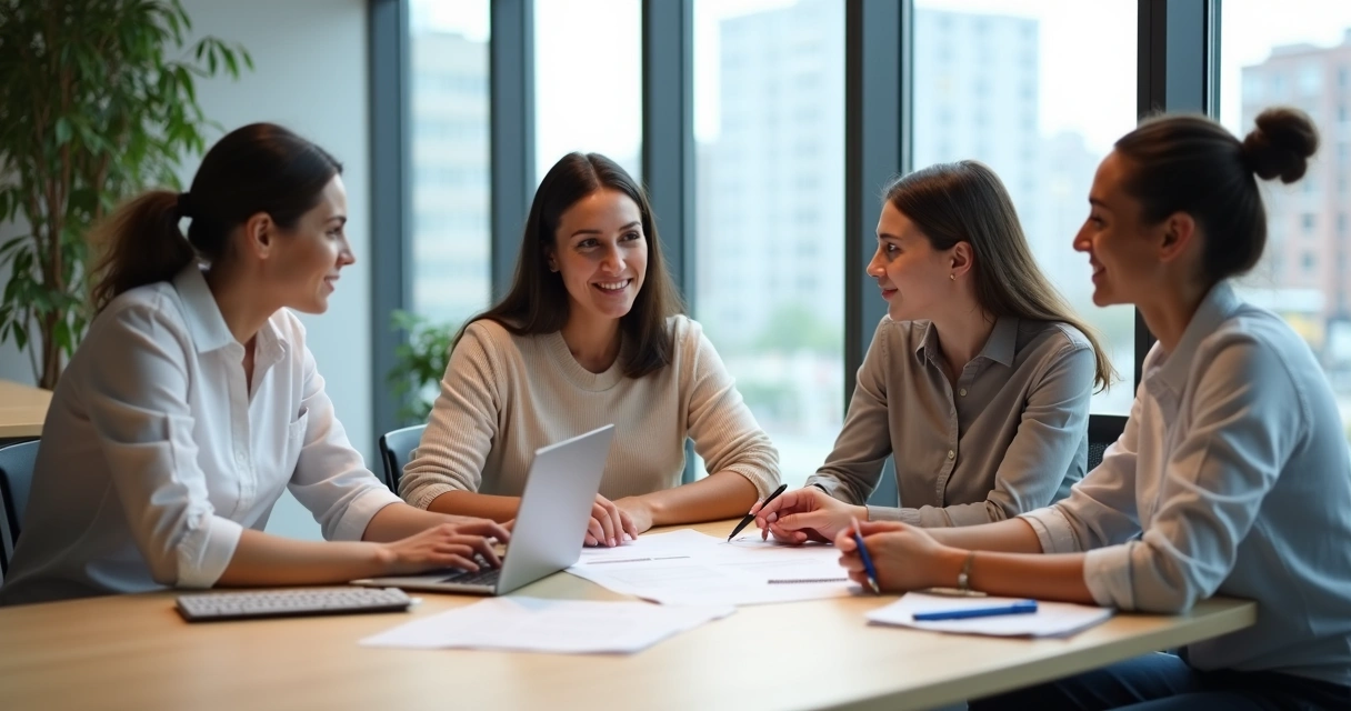 Team in calm meeting aligning expectations around a shared work agreement 