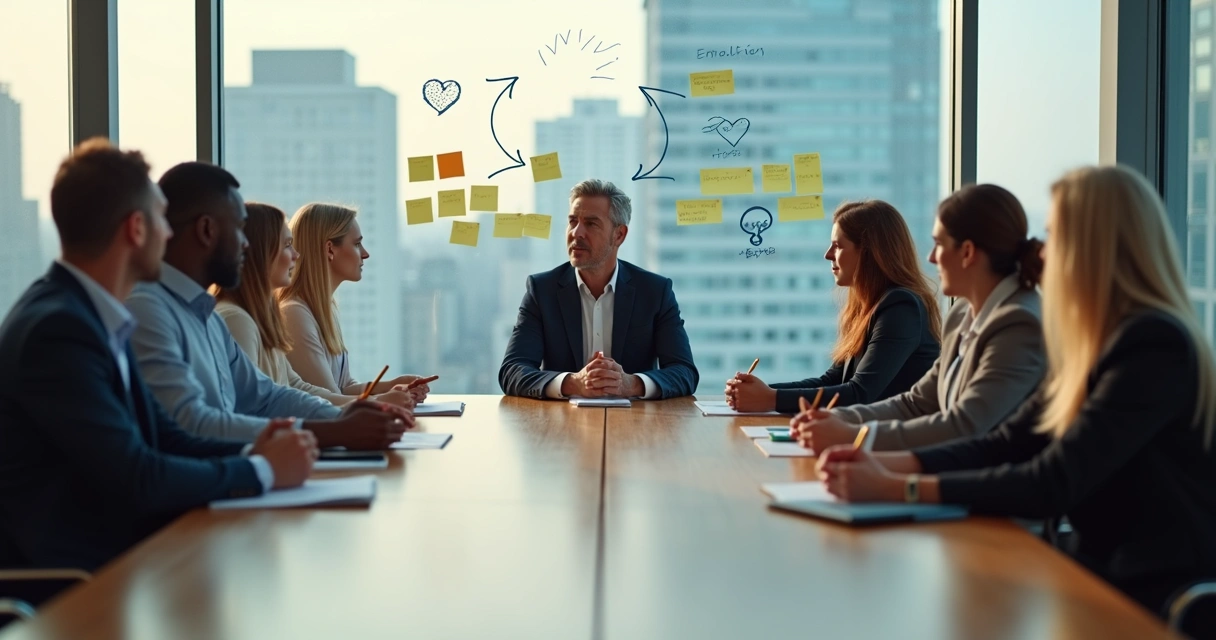 Calm leader guiding a diverse team in a thoughtful discussion 