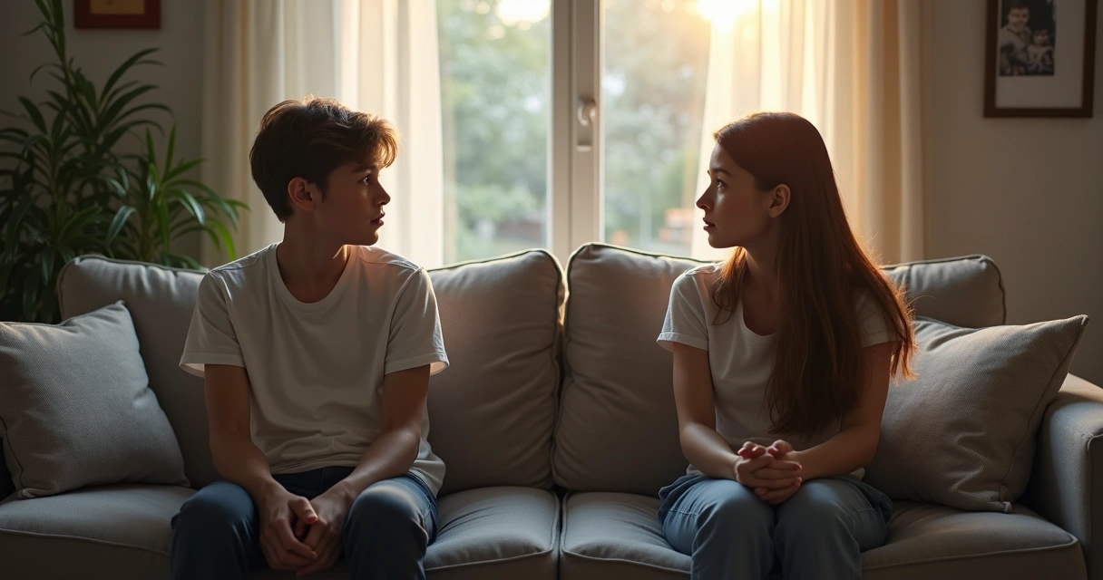 Two siblings sitting apart on a couch in a living room 