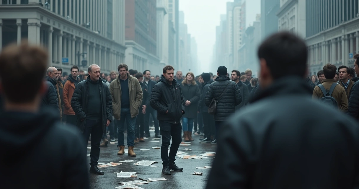 People standing in a public square, tense and wary, some avoiding eye contact 