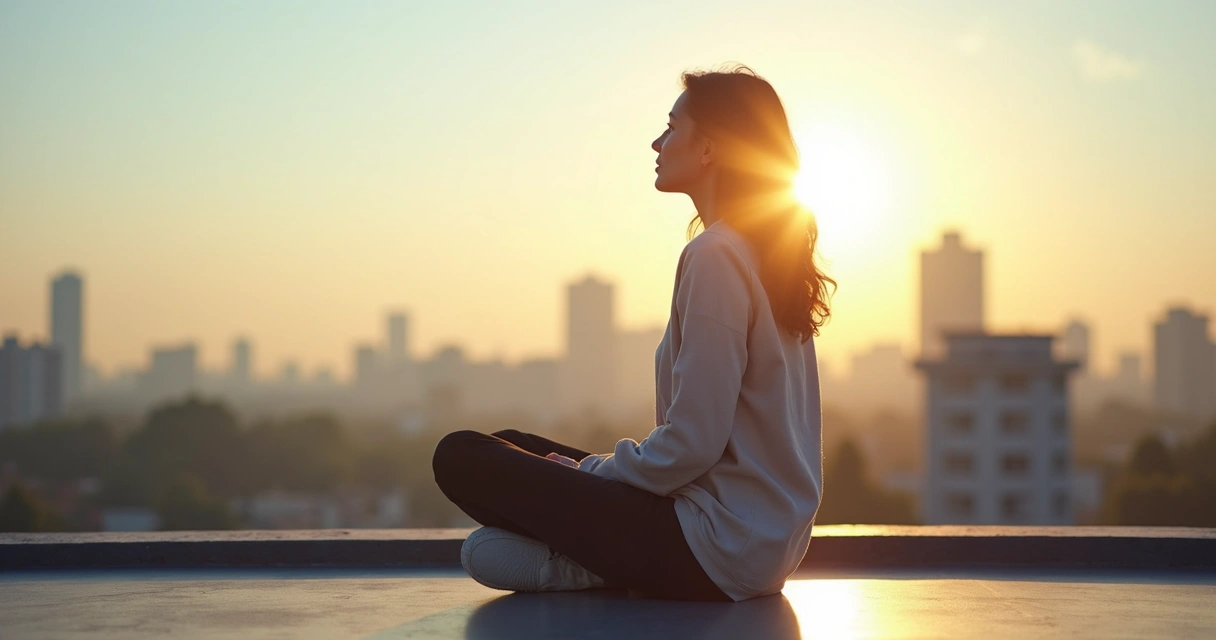 Person sitting alone on rooftop at sunrise looking calm and self-assured 