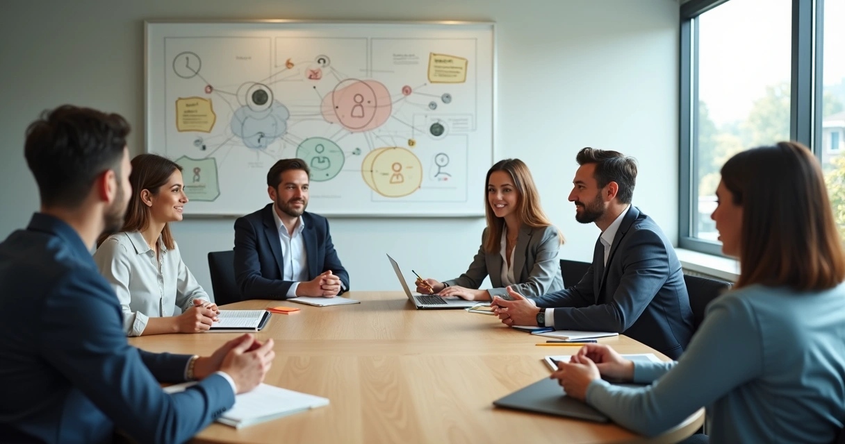 Diverse team in a calm meeting showing emotional connection and collaboration 