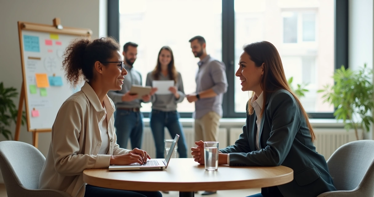 Manager welcoming a new hire in a calm modern office meeting 