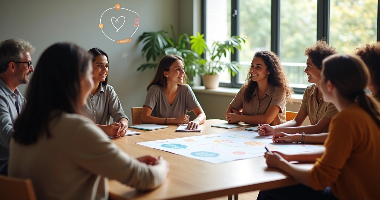 Diverse group in a circle discussing with emotion icons on transparent screens 