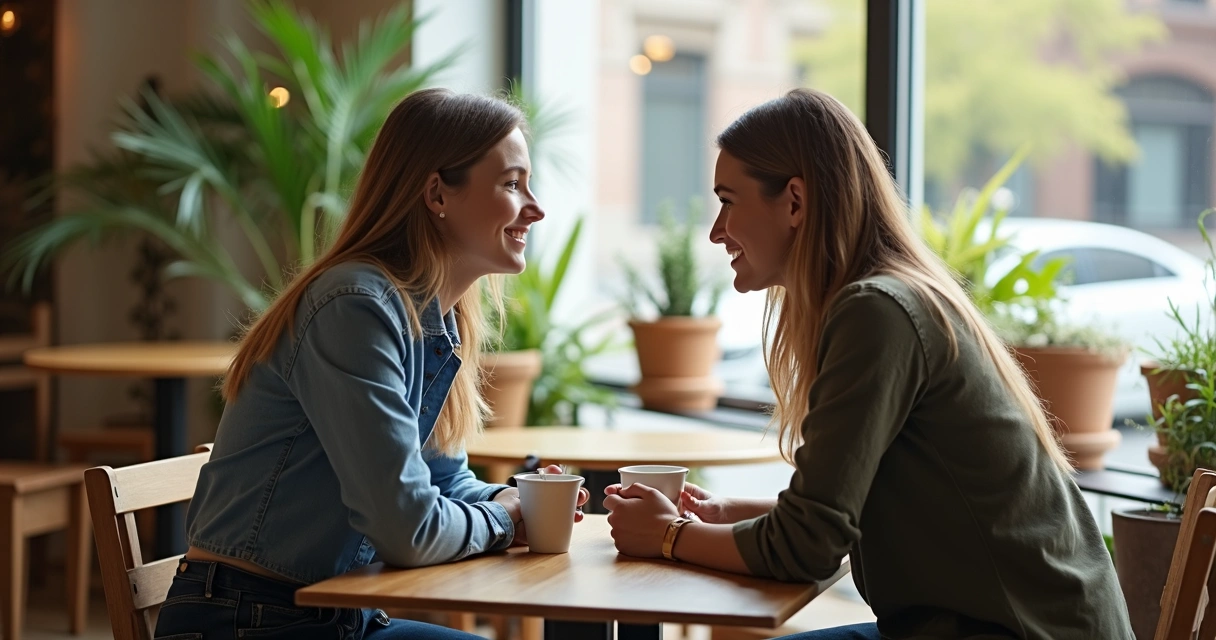 Two people sitting at a café table engaged in a calm and thoughtful conversation